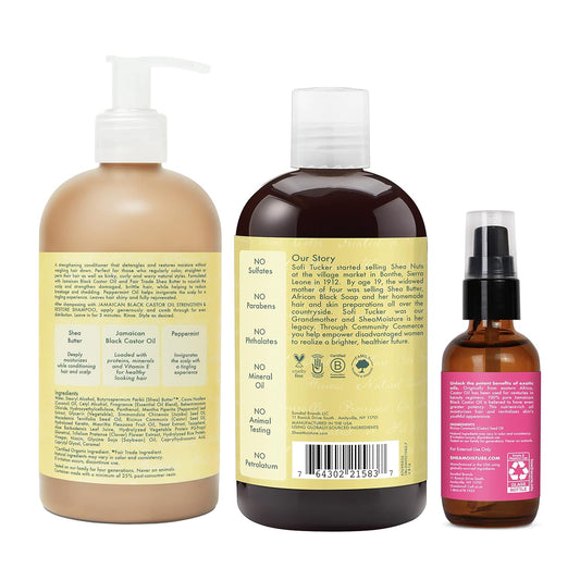 Sheamoisture Strengthen And Restore Shampoo, Conditioner And Body Care Oil Set For Dry Skin And Hair - Jamaican Black Castor Oil With Shea Butter