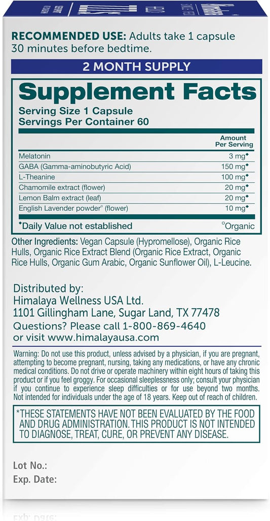 Himalaya Hello Zzzs With Gaba, L-Theanine And Melatonin 3Mg For Sleep Support And Occasional Sleeplessness, 60 Capsules, 2 Month Supply