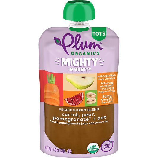 Plum Organics Mighty Immunity Organic Toddler Food - Carrot, Pear, Pomegranate, And Oat - 4 Oz Pouch (Pack Of 12) - Organic Vegetable Toddler Food Pouch