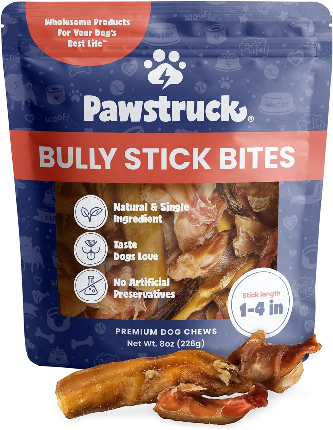 Pawstruck Natural 1-4" Bully Stick Bites for Small Dogs & Puppies – Single Ingredient Digestible Rawhide Free Alternative - High Protein Chew Treat Bones - 8 oz Bag - Packaging May Vary
