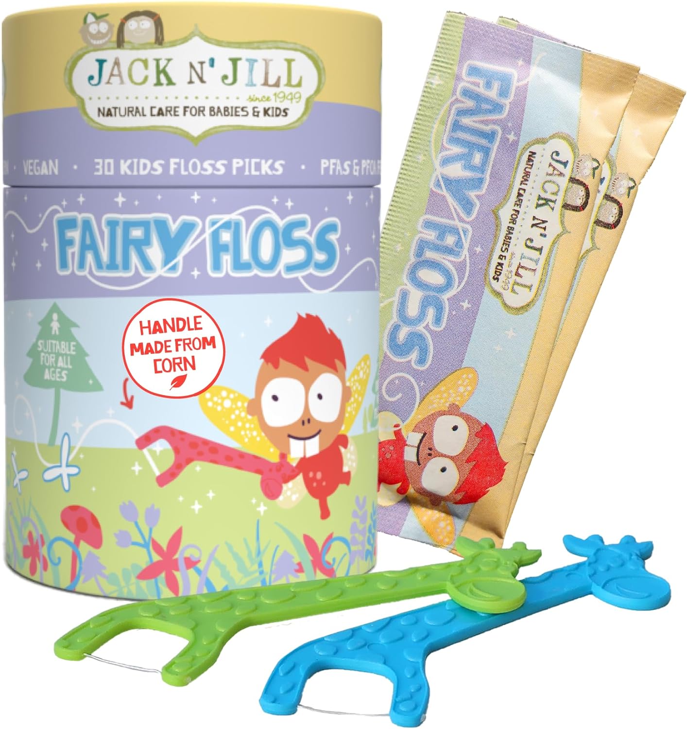 Jack N' Jill Fairy Floss Dental Flossers - Slides Easily Between Teeth, Handles Made From Plants (Corn), Make Flossing Fun For Kids, Kids First Floss, Vegan - 30 Individually Wrapped Flossers