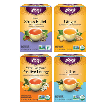 Yogi Tea Well-Being Variety Pack - 16 Tea Bags Per Pack (4 Packs) - Black & Herbal Tea Sampler - Caffeine & Caffeine Free - Kava Stress Relief, Ginger, Sweet Tangerine Positive Energy & Detox