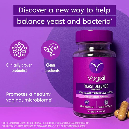 Vagisil Yeast Defense Supplements, Helps Balance Yeast and Good Bacteria, Clinically-Proven Probiotics, Clean Ingredients, Promotes A Healthy Vaginal Microbiome, Just 1 Capsule Daily, 30 Capsules