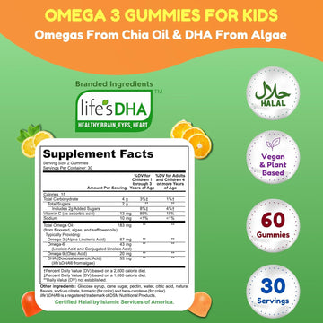 Gelatin Free Kids Omega 3 Gummies W/Dha 30 Servings. Plant-Based Omega 3 For Kids. Gluten Free & Non-Gmo Dha Gummies. Children Omega 3 Gummies For Kids. Omega 3 Kids To Support Brain & Immune System