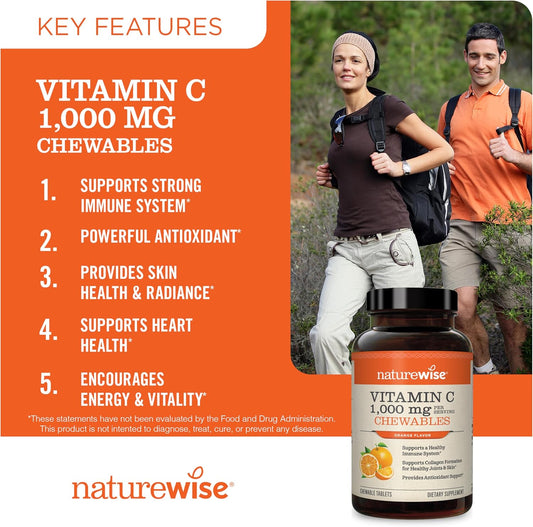 Naturewise Vitamin C 1000Mg Chewable Tablet Supplement - Support For Healthy Immune System & Collagen Synthesis - Vegan, Non-Gmo, Soy & Gluten Free, Orange Flavor - 200 Count[100 Days Supply]