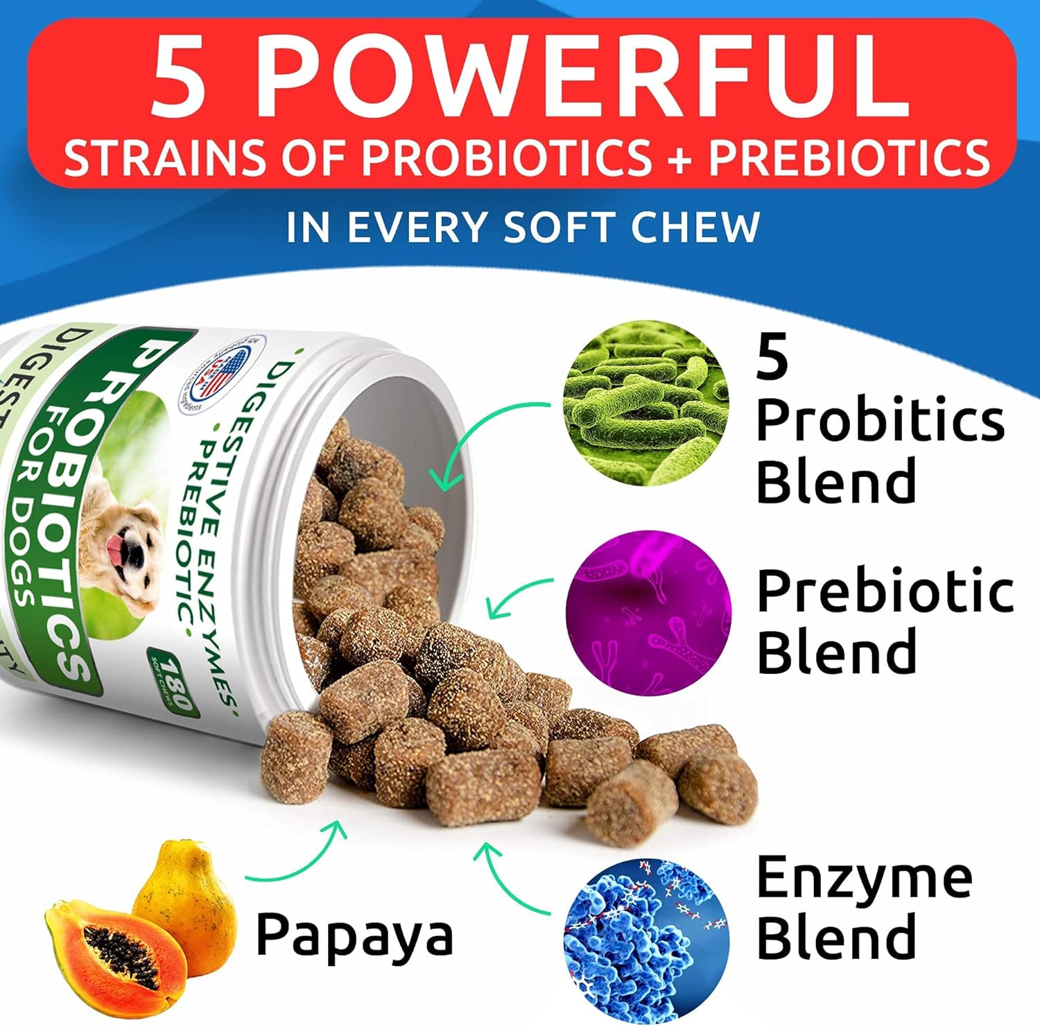 Dog Probiotics Chews + Glucosamine Bundle - Gas, Diarrhea, Allergy, Constipation, Upset Stomach Relief + Hip & Joint Care - Digestive Enzymes + Prebiotics + Chondroitin, MSM, Omega-3 - 300 Soft Chews : Pet Supplies