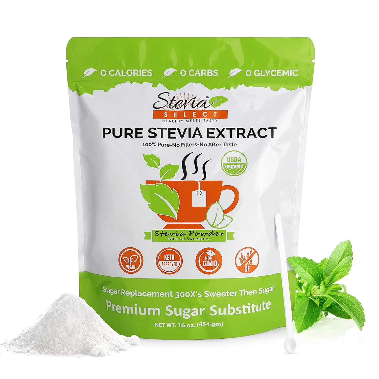 Stevia Select Organic Stevia Powder Sugar Free Plant Based Stevia Sweetener Non Gmo Pure Stevia Extract Sugar Substitute No Fillers Zero Calorie 16 Oz