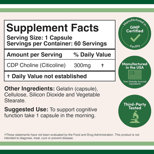 Cdp Choline (Citicoline) Supplement, Pharmaceutical Grade, Third Party Tested (60 Capsules 300Mg)