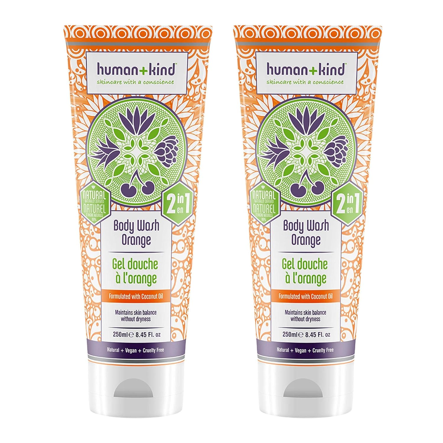 Human+Kind Body Wash | Nourishes Dry Skin With Coconut Oil | Sls-Free, Gentle Enough For Hair & Scalp | Natural, Vegan Skin Care | Orange Scent - 8.45 Fl Oz, 2Count