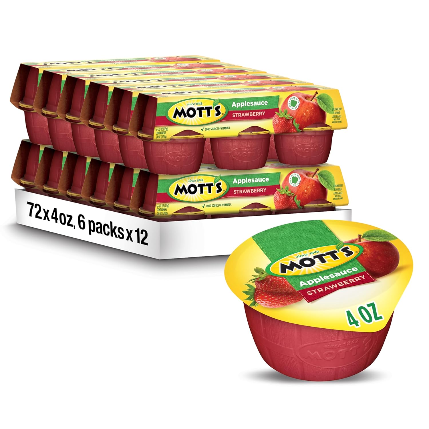 Mott'S Strawberry Applesauce, 4 Oz Cups, 72 Count (12 Packs Of 6), No Artificial Flavors, Good Source Of Vitamin C, Nutritious Option For The Whole Family