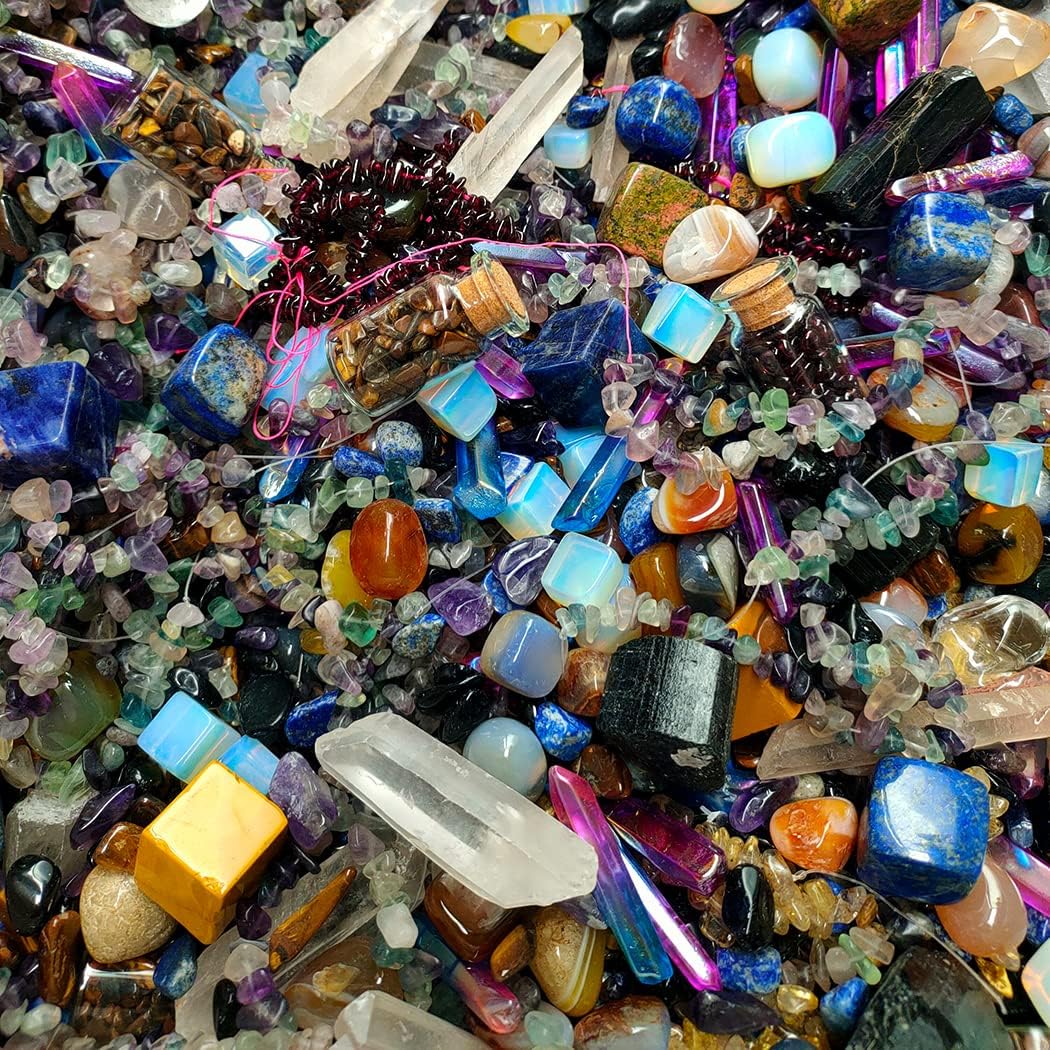 Crystal Set For Healing Mystery Stone Bag Lucky Gemstone Witchy Crystals Scoops Tumble Stones Tourmalime Agate Amethyst Clear Crystal Lapis Lazuli Opalite Aura Crystals Black Obsidian Unakite Mookaite : Home & Kitchen