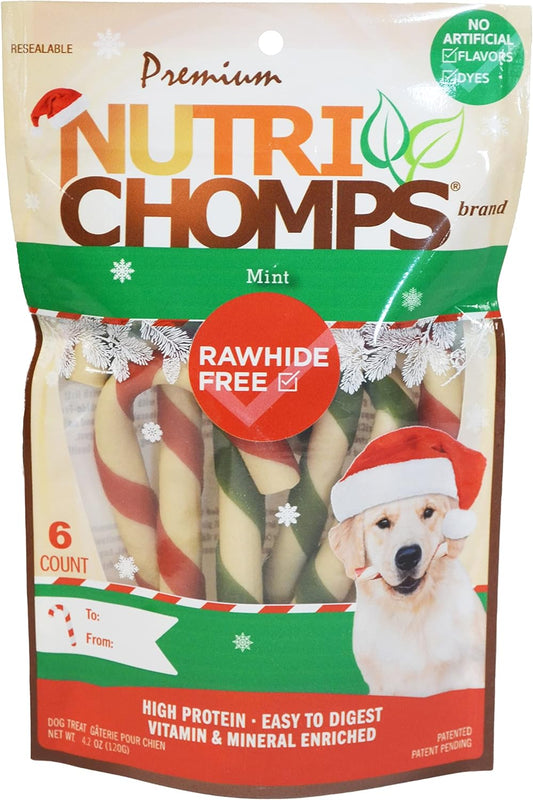 Nutrichomps Dog Chews, 6-Inch Holiday Candy Canes, 6 Count, Red/Green