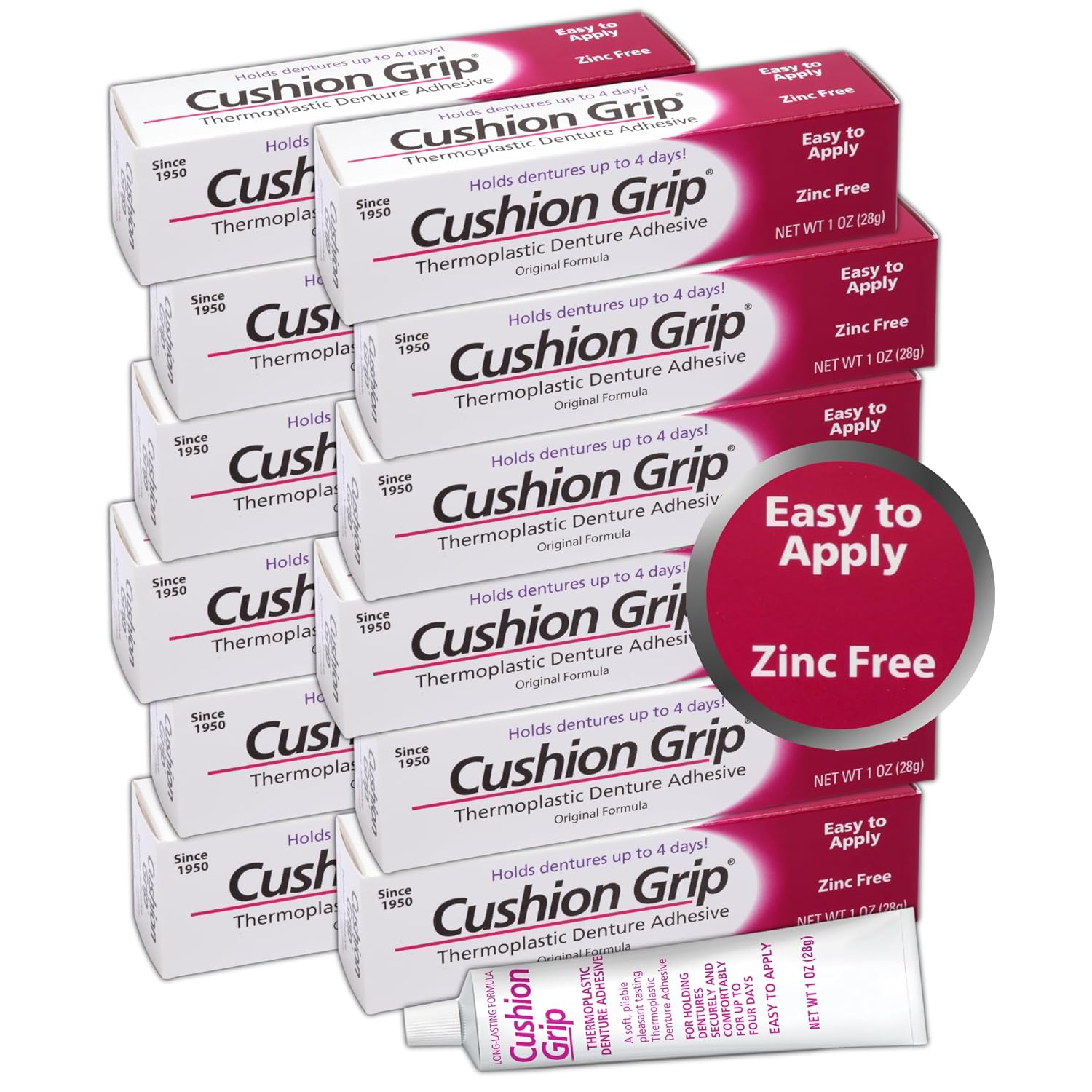 Cushion Grip Thermoplastic Denture Adhesive, 1 Oz - Get A Snug, Secure Fit For Upper And Lower Dentures And Partials | Non-Glue Adhesive, Acts Like A Soft Reline (Pack Of 12)