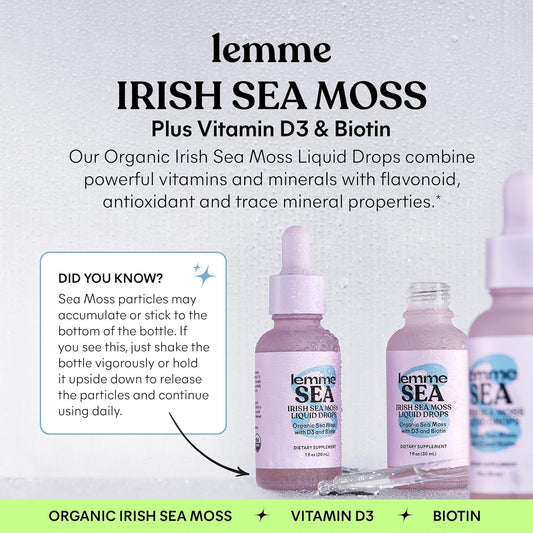 Lemme Irish Sea Moss Organic Liquid Drops With Vitamin D3 And Biotin For Trace Mineral Support, Immunity, Hair, Skin & Nails, Brain Health - Vegan, Gluten & Sugar Free, Non Gmo, 1 Oz, 30 Servings