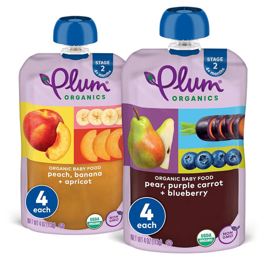 Plum Organics Stage 2 Organic Baby Food - Fruit and Veggie Variety Pack - 4 oz Pouch (Pack of 8) - Organic Fruit and Vegetable Baby Food Pouch