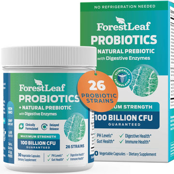 Forestleaf Clinically Studied Probiotics 100 Billion Cfu, 26 Strains With Organic Prebiotic Blend & Digestive Enzymes - Probiotic Prebiotic For Men & Women - Probiotics Digestive Health 30 Capsules