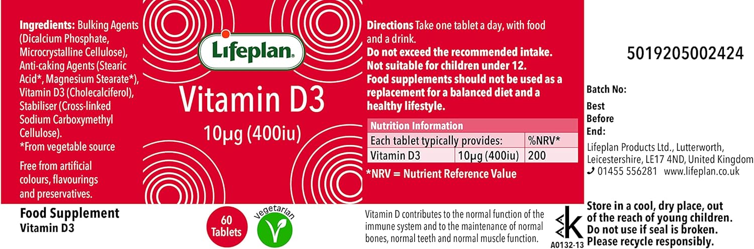 Lifeplan Vitamin D3 400 IU x 60 Tablets. Helps Normal Bone & Muscle Function : Amazon.co.uk: Health & Personal Care