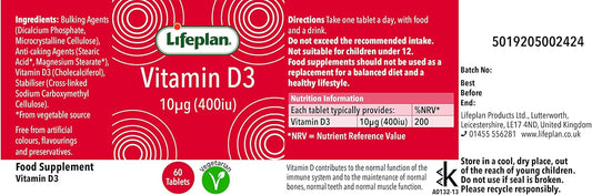 Lifeplan Vitamin D3 400 IU x 60 Tablets. Helps Normal Bone & Muscle Function : Amazon.co.uk: Health & Personal Care