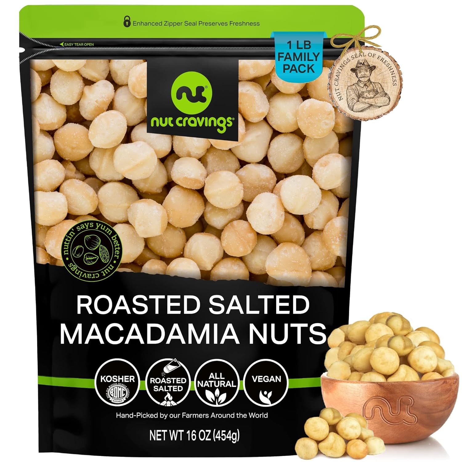 Nut Cravings - Macadamia Nuts Roasted & Salted - No Shell, Whole (16Oz - 1 Lb) Bulk Nuts Packed Fresh In Resealable Bag - Healthy Protein Food Snack, All Natural, Keto Friendly, Vegan, Kosher