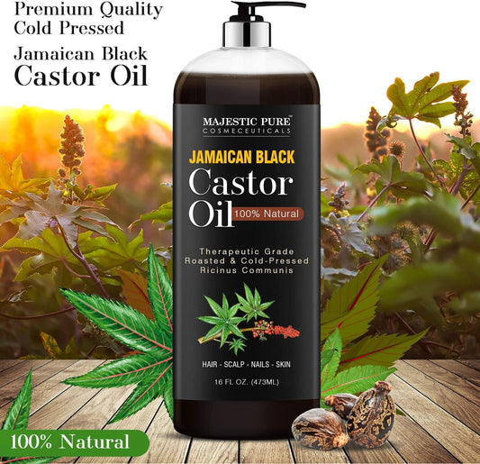 MAJESTIC PURE Jamaican Black Castor Oil for Hair Growth & Natural Skin Care - Roasted & Cold-Pressed - Massage, Scalp, Hair and Nails - 16 fl oz