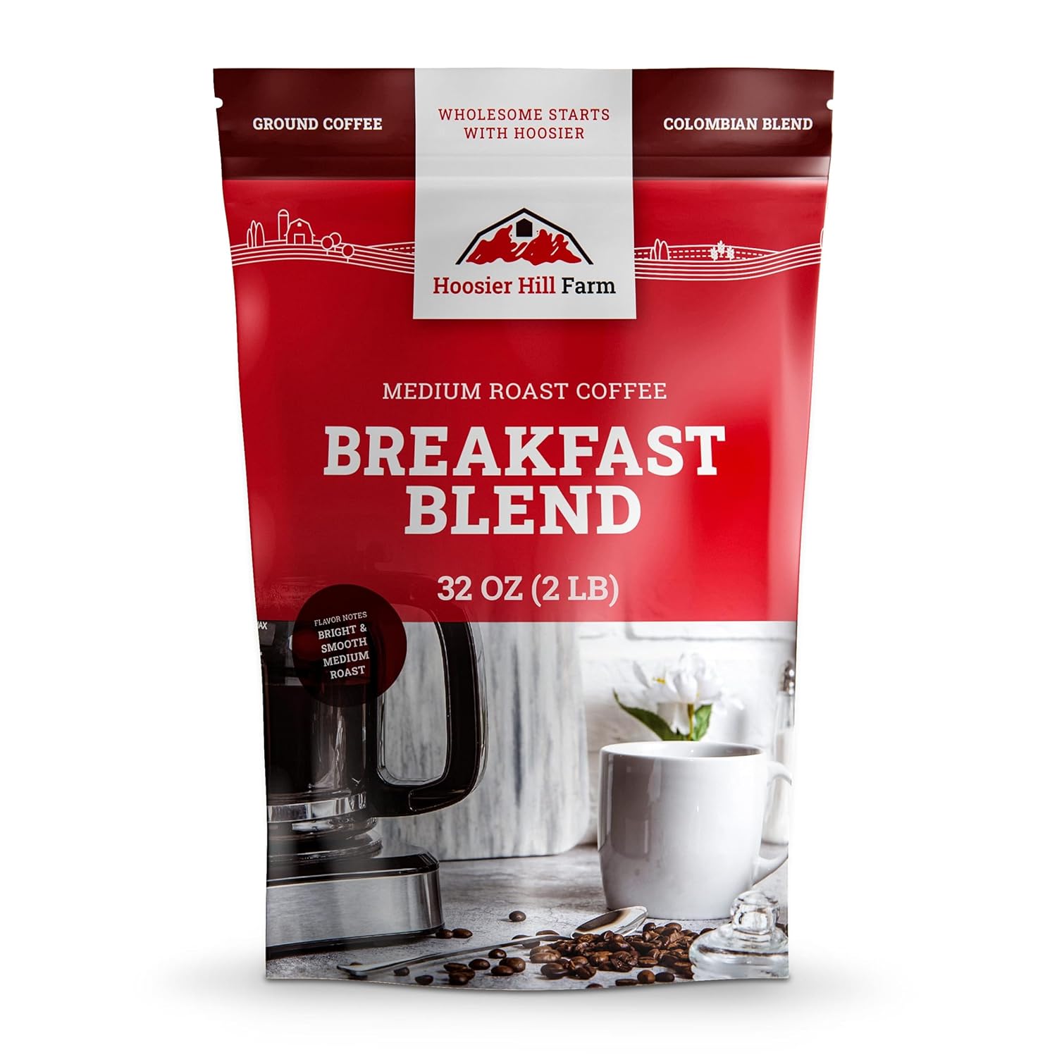 Hoosier Hill Farm Breakfast Blend Ground Coffee, Medium Roast, 32oz (2LB), Resealable Bag