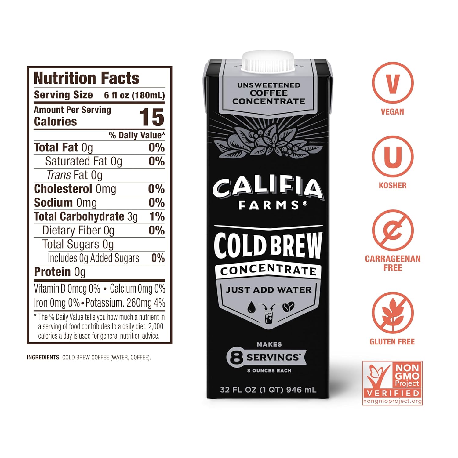 Califia Farms - Unsweetened Cold Brew Coffee Concentrate, 32 Fl Oz (Pack Of 6), 100% Arabica, Shelf Stable, Plant Based, Vegan, Gluten Free, Non Gmo, Sugar Free, Iced Coffee