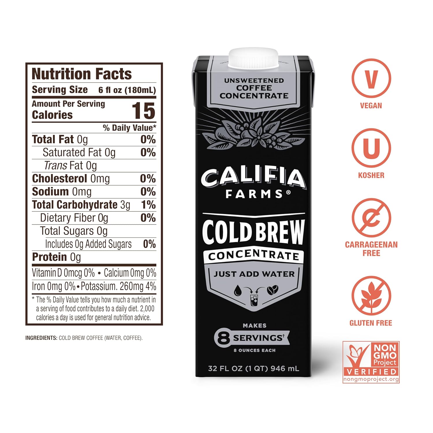 Califia Farms - Unsweetened Cold Brew Coffee Concentrate, 32 Oz (Pack Of 3), 100% Arabica, Shelf Stable, Plant Based, Vegan, Gluten Free, Non Gmo, Sugar Free, Iced Coffee