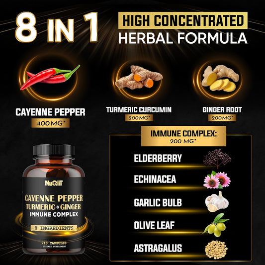210 Pills - Cayenne Pepper Capsules Organic With Turmeric, Ginger, Immune Support Complex As Elderberry, Echinacea, Garlic Bulb - Digestion, Heart Health & Body Management