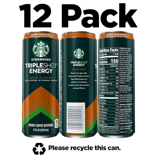 Starbucks Tripleshot Coffee Energy Drink, Dark Caramel, 11 Fl Oz Cans (12 Pack), Triple Blend, 165Mg Caffeine, B Vitamins, Protein, Iced Coffee