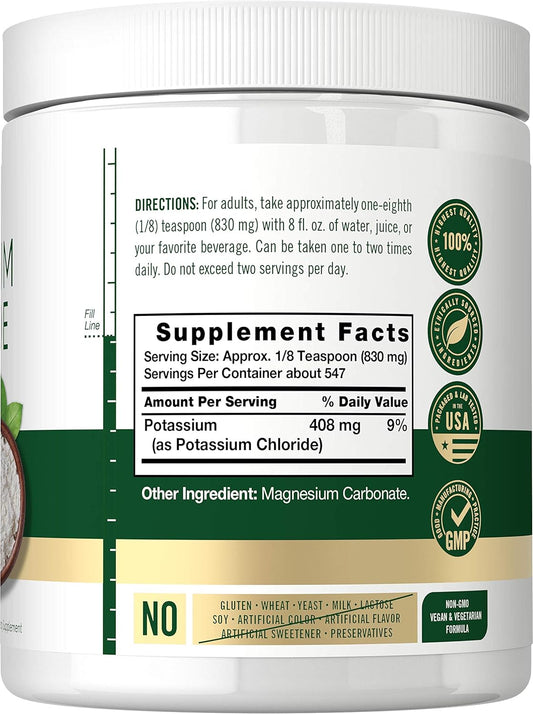 Carlyle Potassium Chloride Powder Supplement 16 Oz | Food Grade | Salt Substitute | Vegan, Vegetarian, Non-Gmo, Gluten Free