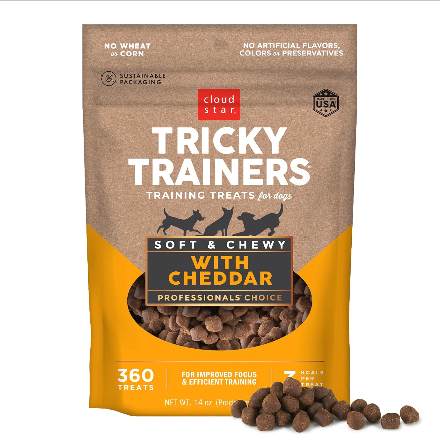 Cloud Star Tricky Trainers Soft & Chewy Dog Training Treats 14 Oz Pouch, Cheddar Flavor, Low Calorie Behavior Aid With 360 Treats