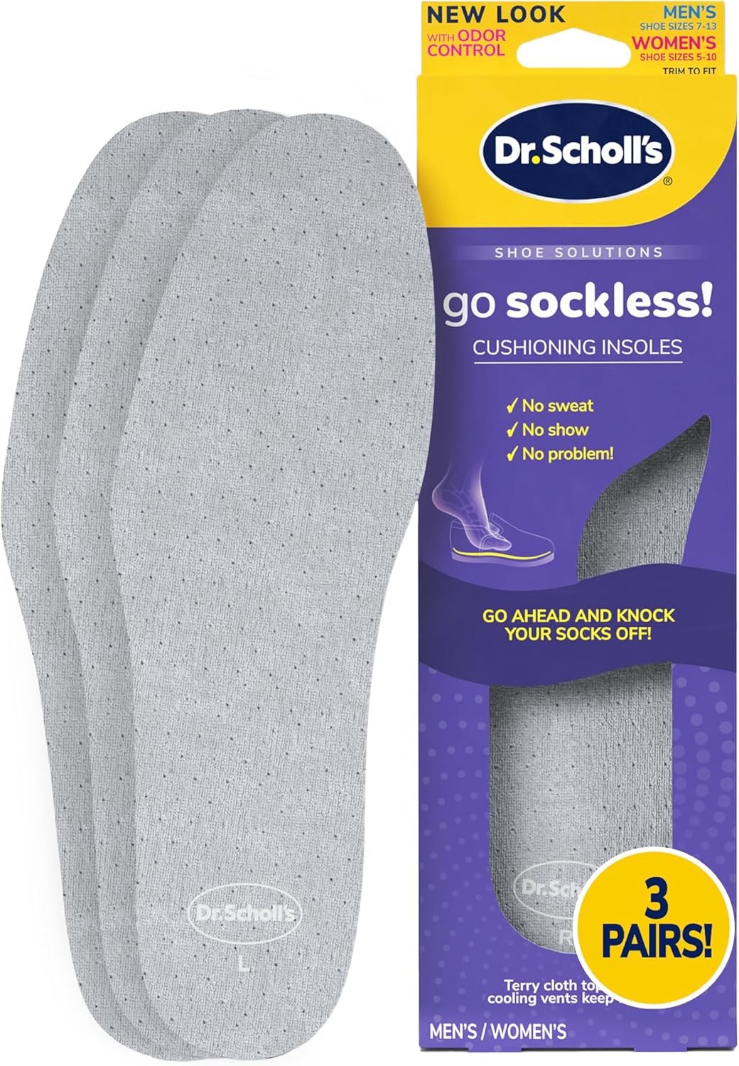 Dr Scholl’S Go Sockless! Cushioning Insoles For Women Men Unisex, 3 Pairs, Trim To Fit - Absorbs Moisture To Keep Feet Dry, Shoe Inserts For Women Men With Plush Terry Cloth Layer For Added Comfort