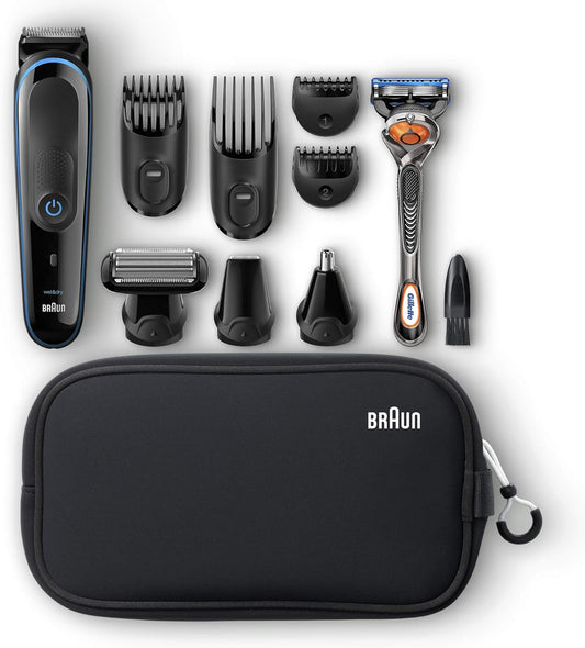 Braun Hair Clippers For Men, 9-In-1 Beard, Ear & Nose Trimmer, Body Grooming Kit, Cordless & Rechargeable With Gillette Proglide Razor, Black/Blue, 9 Piece Set