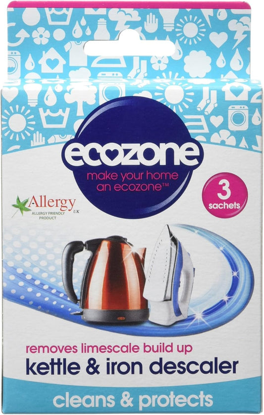 Ecozone Kettle And Iron Descaler, Internal Cleaner & Scale Remover For Kitchen & Home Appliances, Limescale Prevention Sachets, Easy To Use, Natural Vegan & Non Toxic Eco-Safe Formula (3 Treatments)