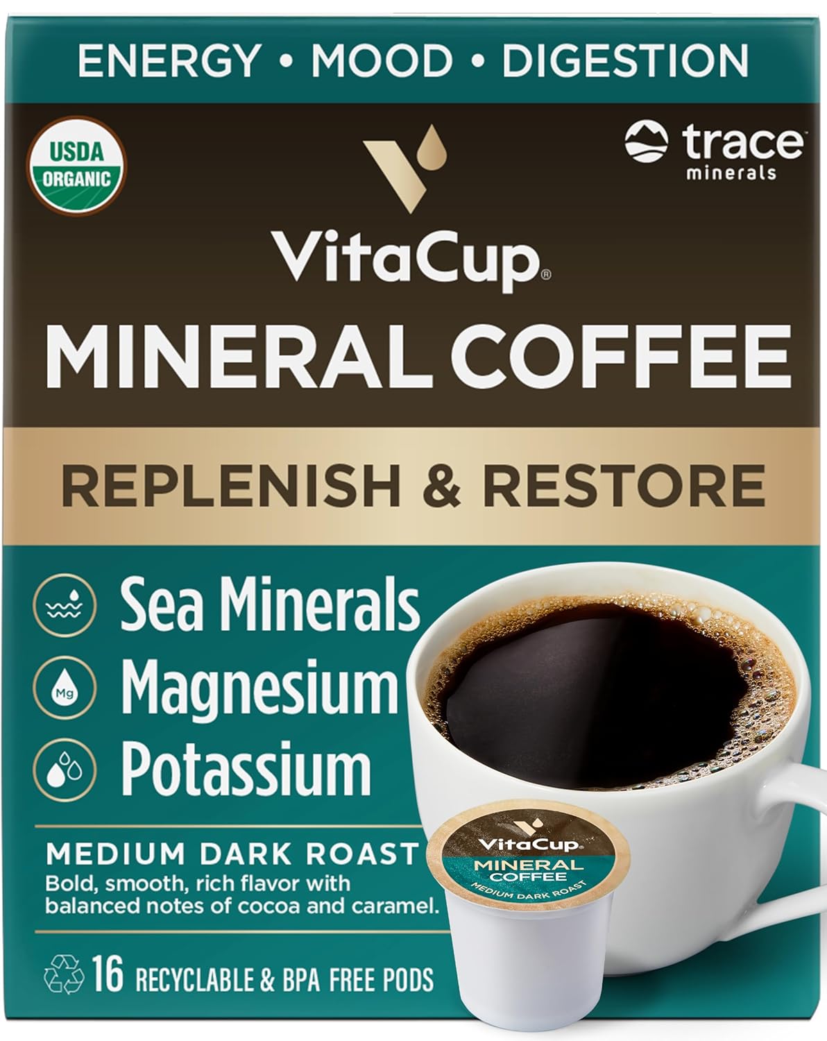 Vitacup Mineral Coffee Pods With Trace Minerals, Hydrate, Replenish & Restore, W/Sea Minerals, Electrolytes, Organic Coffee, Medium Dark Roast, Single Serve Pod Compatible W/Keurig K-Cup Brewers,16 Ct