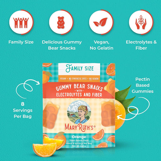 Maryruth Organics Sugar Candy Gummy Bears Snacks | Delicious With Electrolytes And Fiber | Made With Organic Cane Sugar | Orange | Vegan | Gluten Free | Non-Gmo | Family Size | 240 Grams | 0.52 Pounds