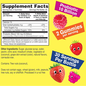 Probiotics For Kids Gummies 2 Pack -10 Billion Cfu -For Gut Health, Immune Health And Digestive Support -Berry Flavor Chewable Supplement -Vegetarian, Non Gmo - 60 Gummies