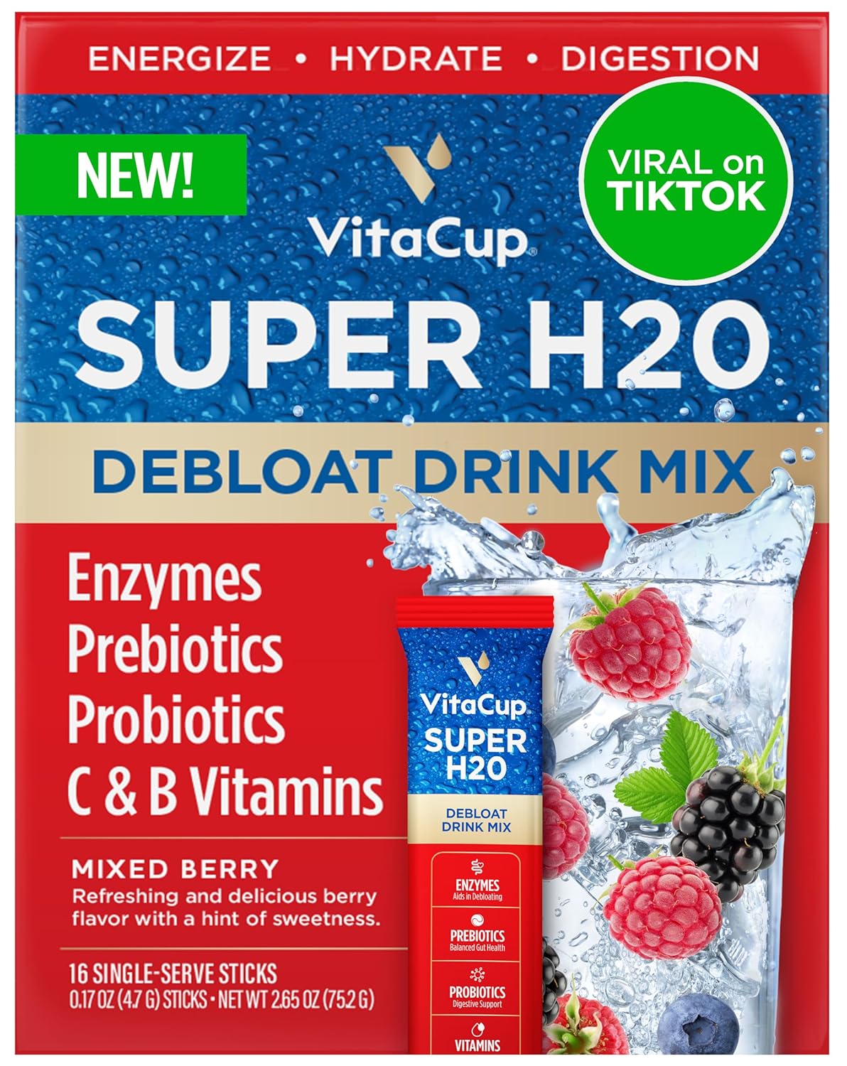 Vitacup Super H2O Bloating Relief And Digestive Health Drink Mix Packets, Probiotics, Prebiotics, C & B Vitamins, Mixed Berry Flavor Water Enhancer Packets, 16Ct