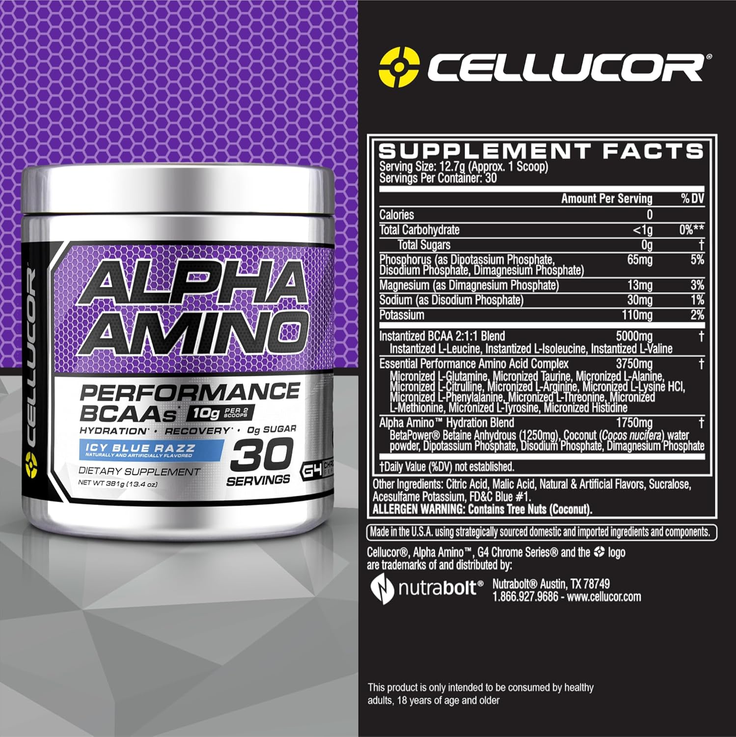 Cellucor Alpha Amino EAA & BCAA Powder | Branched Chain Essential Amino Acids + Electrolytes | ICY Blue Razz | 30 Servings : Health & Household