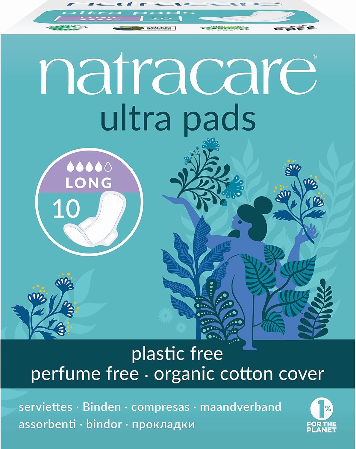 Natracare Slim Fitting Ultra Pads with Wings, Long, Made with Certified Organic Cotton, Ecologically Certified Cellulose Pulp and Plant Starch (1 Pack, 10 Pads Total)