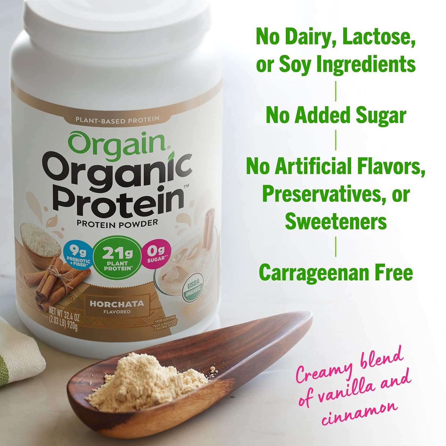 Orgain Organic Vegan Protein Powder, Horchata - 21g Plant Based Protein, 9g Prebiotic Fiber, Low Net Carb, No Lactose Ingredients, No Added Sugar, Non-GMO, For Shakes & Smoothies, 2.03 lb : Health & Household