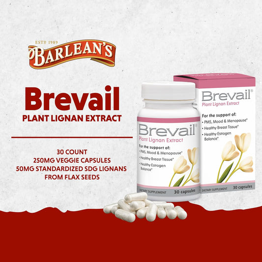 Brevail Plant Lignan Extract Capsules, Proactive Breast Health Supplement with 50 mg SDG Lignans from Flax Seed Hulls for Healthy Estrogen Balance & PMS Mood Support Pills, 30 Count