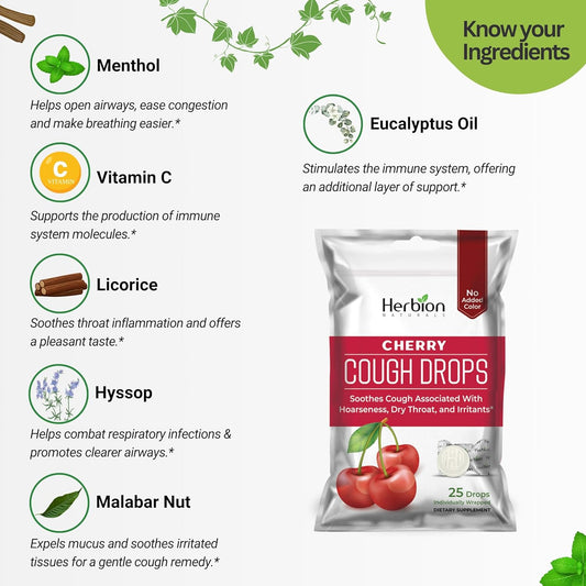 Herbion Naturals Cough Drops Cherry Flavor 25 Count Bag