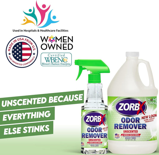 ZORBX Unscented Multipurpose Odor Eliminator Combo Pack - Used in Hospitals & Healthcare Facilities | Advanced Trusted Formula, Fast-Acting Odor Remover Spray for Strong Odors (16 Oz + 64 Oz)