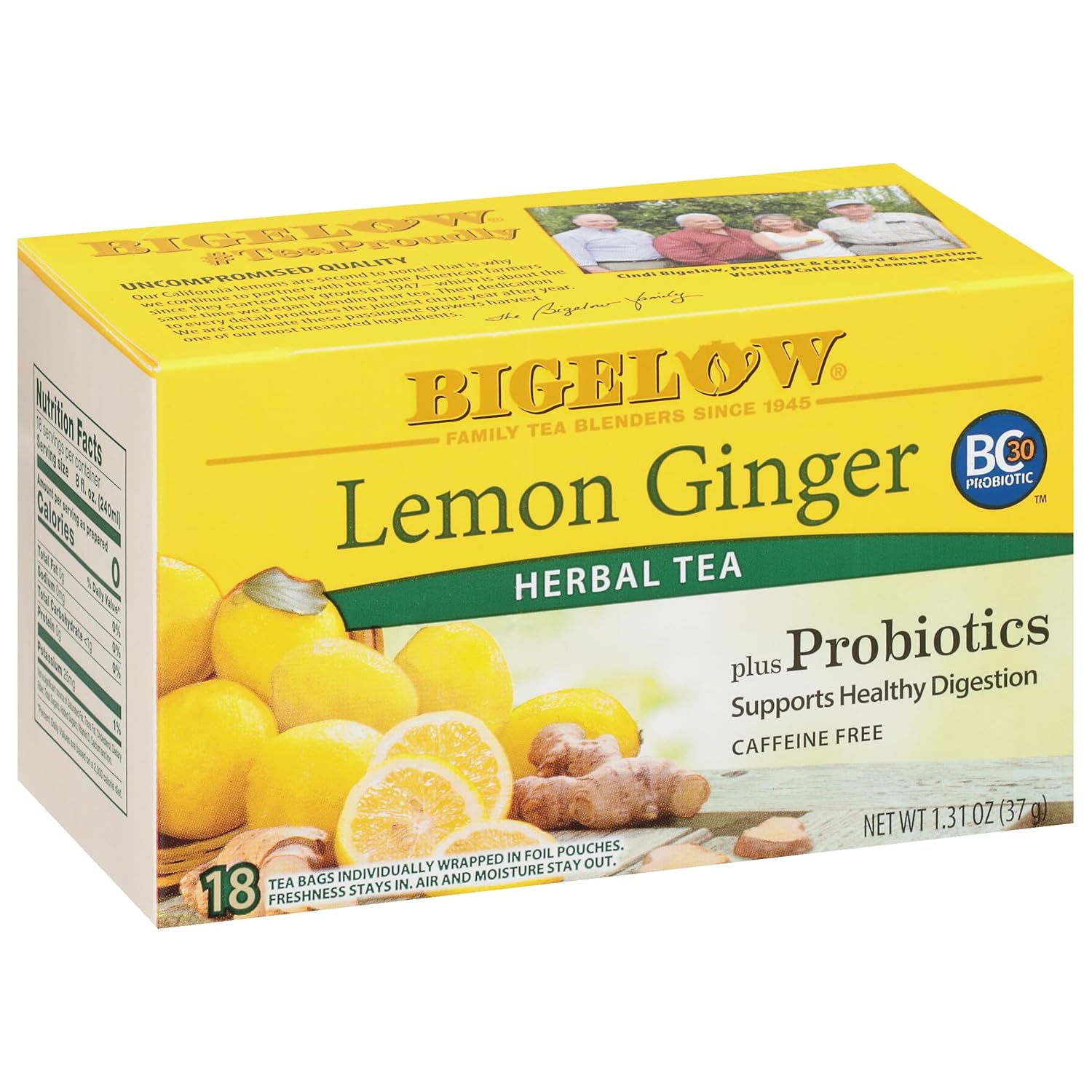 Bigelow Tea Lemon Ginger Plus Probiotics Herbal Tea, Caffeine Free Tea With Lemon And Ginger, 18 Count Box (Pack Of 6), 108 Total Tea Bags