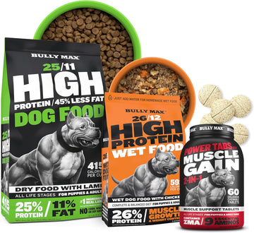 Bully Max Dog Muscle Builder Bundle - High Protein & Low Fat Lamb Dry Dog Food, Chicken Dehydrated Wet Food & 2-In-1 Muscle Gain Multivitamin Power Tabs For Puppy & Adult Dogs - Small & Large Breeds