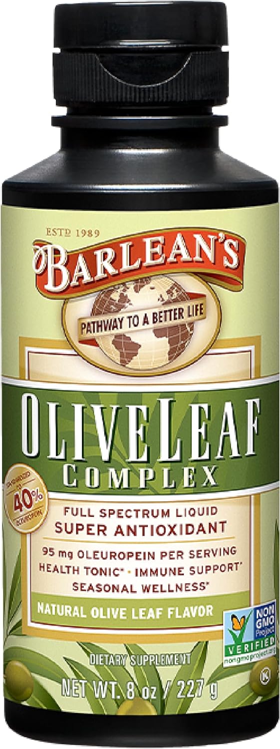 Barlean's Olive Leaf Complex Liq Immune Support Supplement with 95mg Oleuropein Antioxidants for Seasonal Wellness, Heart Health, & Immune System Booster, 8