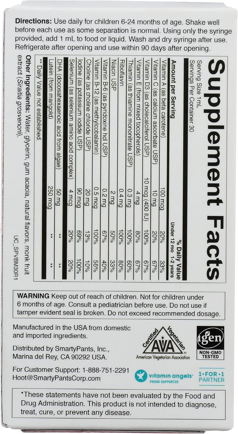 SmartyPants Baby Multi & DHA Liq Multivitamin: Vitamin C, D3, E, Gluten Free, Choline, Lutein, Natural Fruit avor, 30ml, 1   (30 Day Supply)