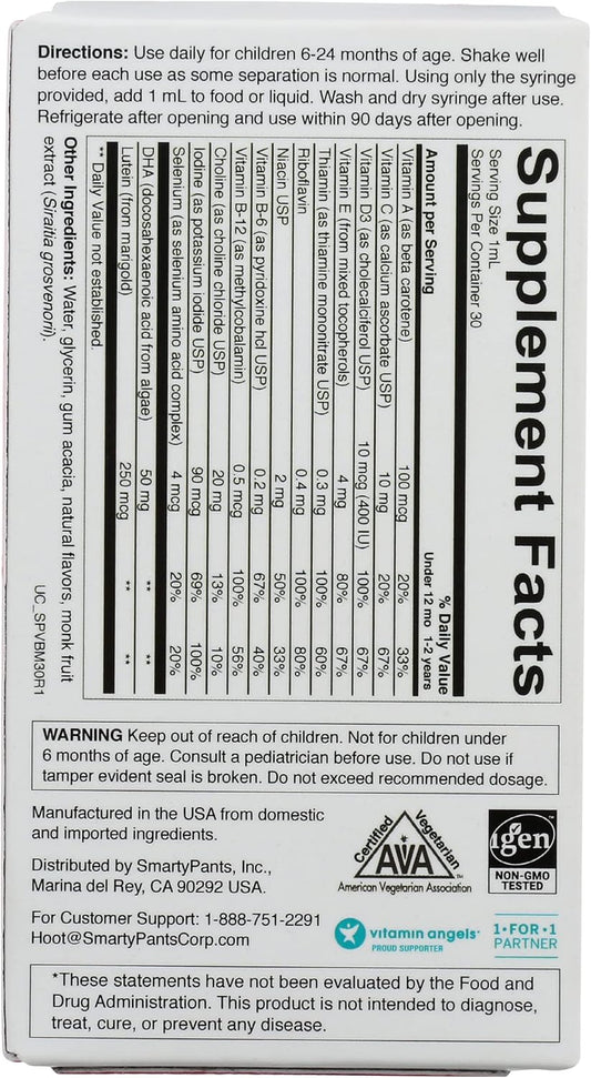 SmartyPants Baby Multi & DHA Liq Multivitamin: Vitamin C, D3, E, Gluten Free, Choline, Lutein, Natural Fruit avor, 30ml, 1   (30 Day Supply)