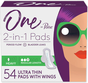 One By Poise Feminine Pads With Wings (2-In-1 Period & Bladder Leakage Pad For Women), Regular, Heavy Absorbency For Period Flow, Light Absorbency For Bladder Leaks, 54 Count (3 Pack Of 18)